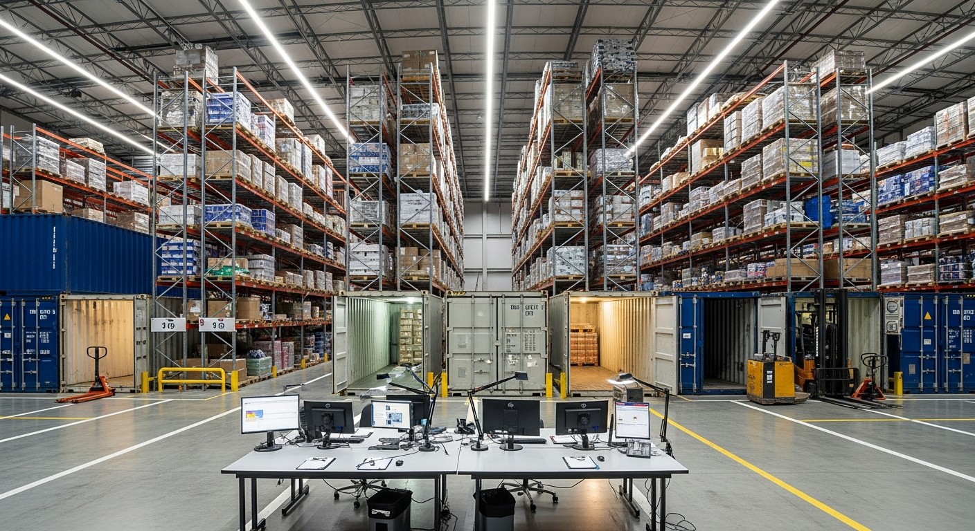 Modern gümrük antreposu iç görünümü - düzenli raflarda depolanan ithalat malları ve gümrük kontrol alanı