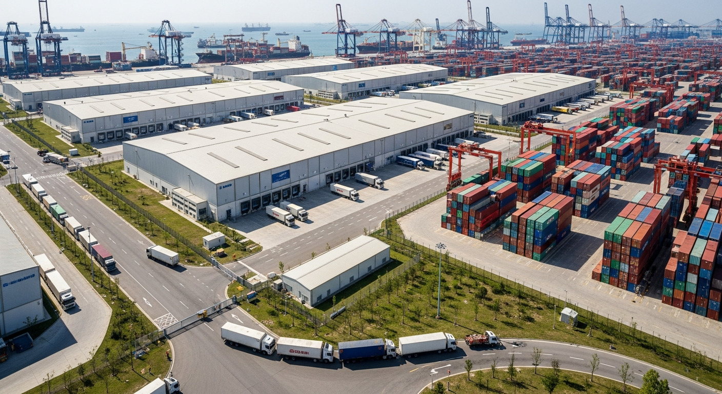 Liman yakınında bulunan gümrük antrepo bölgesinin havadan görünümü - konteyner sahası ve lojistik altyapı