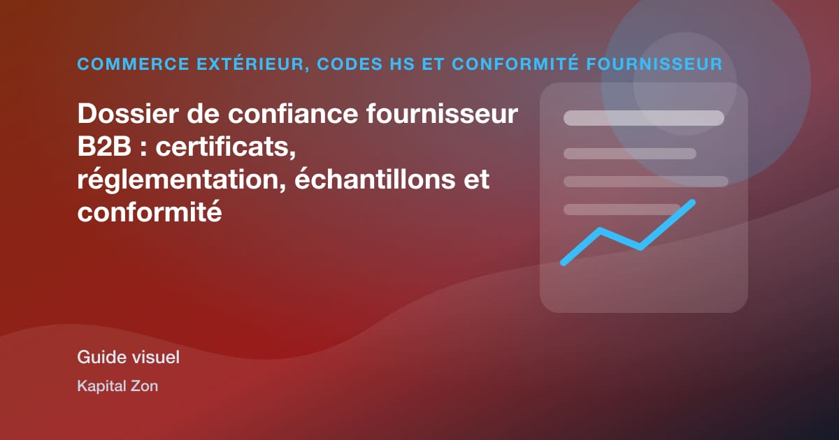 Résumé visuel de Dossier de confiance fournisseur B2B : certificats, réglementation, échantillons et conformité