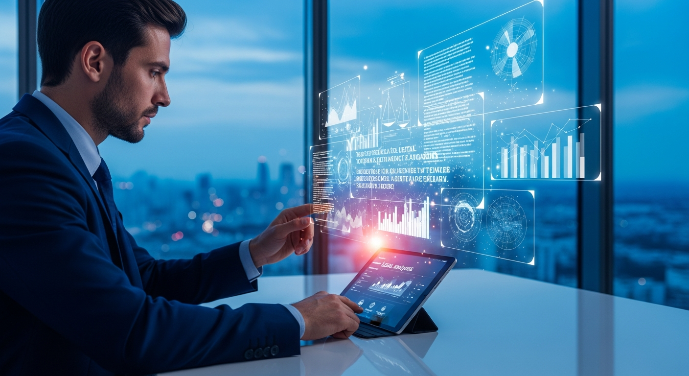 İş insanı tablet üzerinde LexAI yapay zeka mevzuat analiz aracını kullanıyor