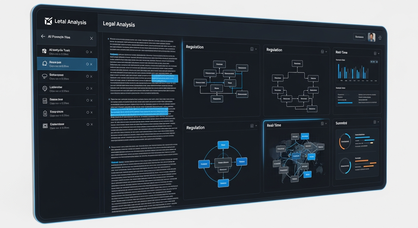 Dijital ekranda yapay zeka tarafından analiz edilen hukuki metin ve regülasyon haritaları