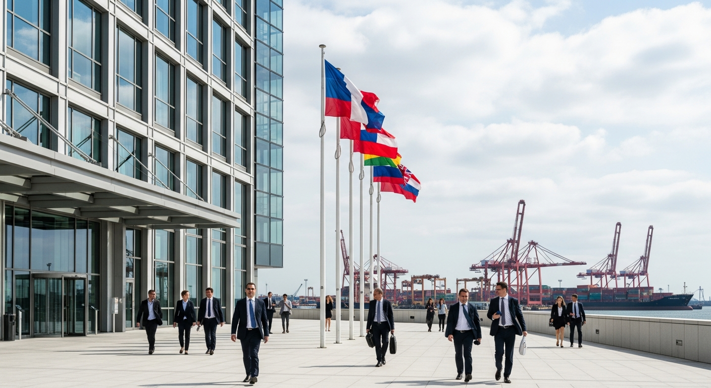 Serbest bölge iş merkezi - uluslararası bayraklar ve modern mimari ile ticaret merkezi