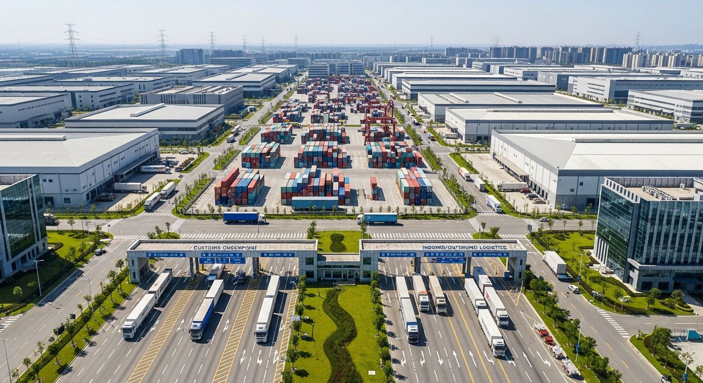 Modern serbest bölge havadan görünümü - depolar, fabrikalar ve lojistik altyapı ile organize sanayi alanı
