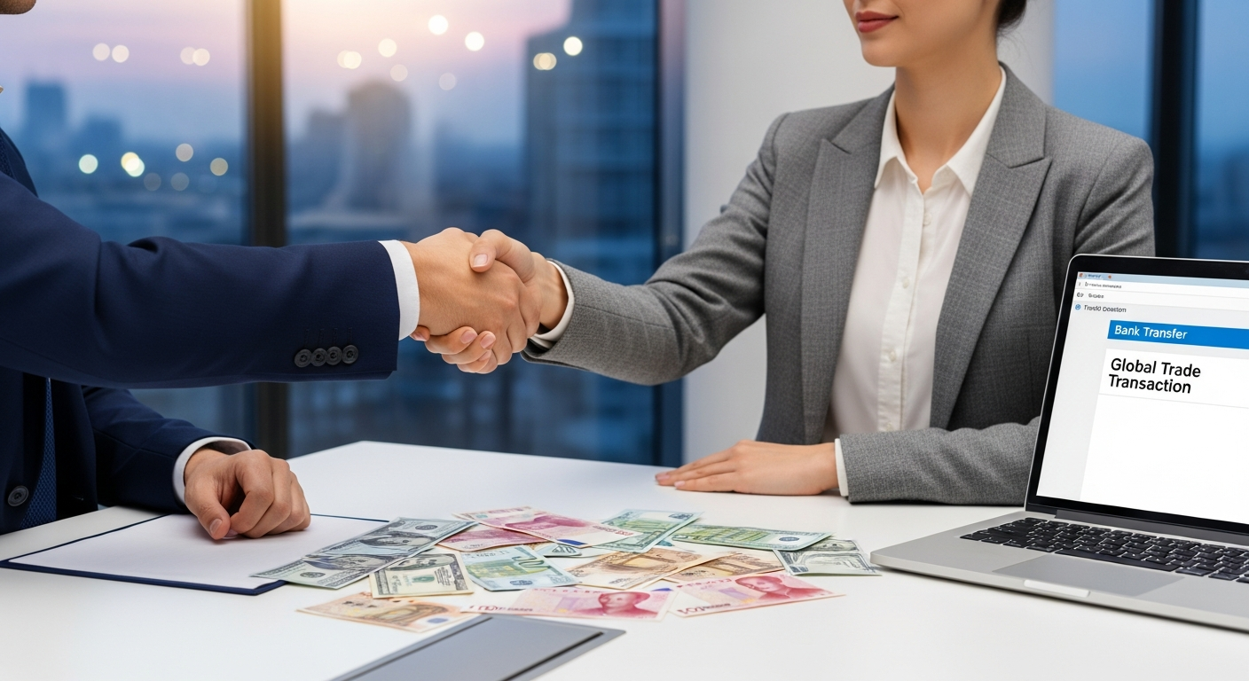 Uluslararası ticaret anlaşması - iş profesyonelleri el sıkışırken masada döviz ve banka transferi ekranı