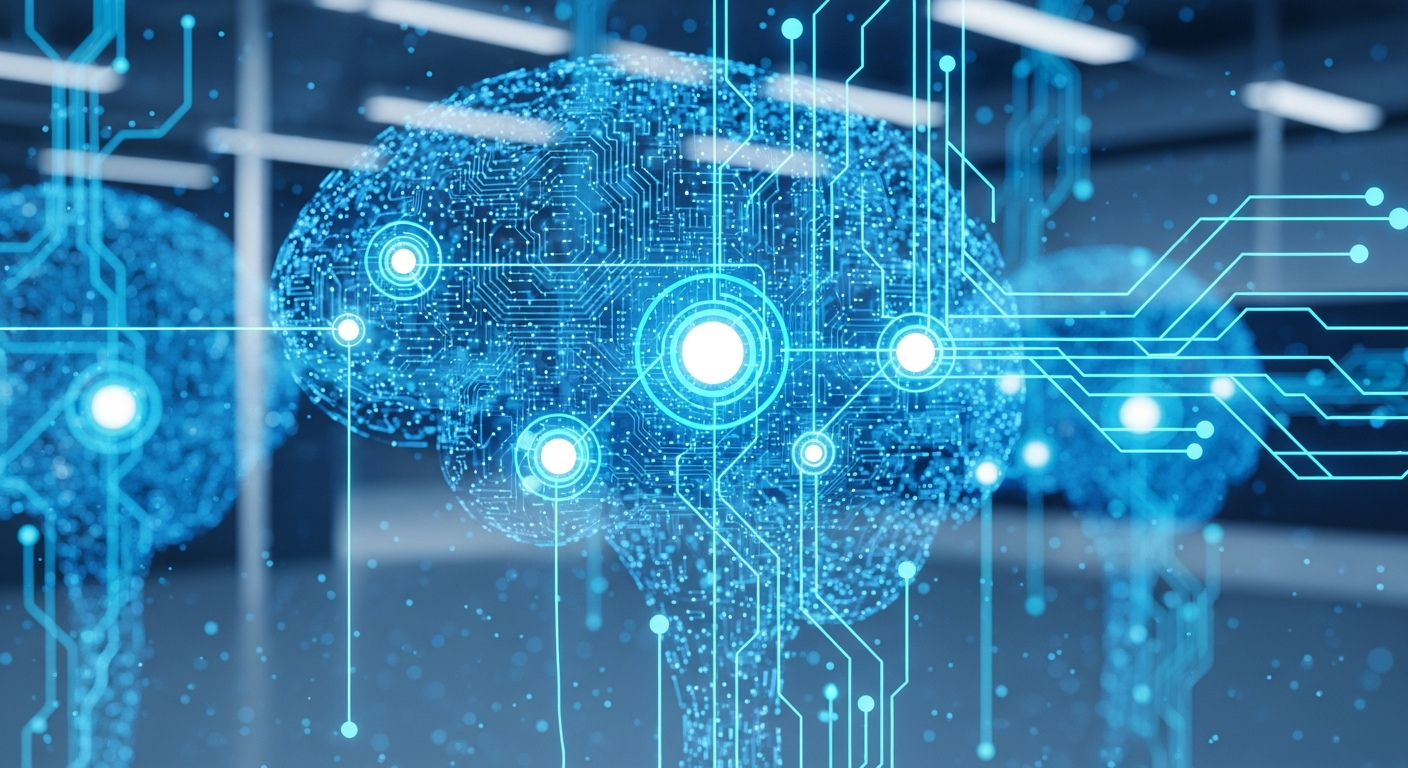 Yapay zeka sinir ağı görselleştirmesi - parlayan mavi düğümler ve bağlantılardan oluşan dijital beyin